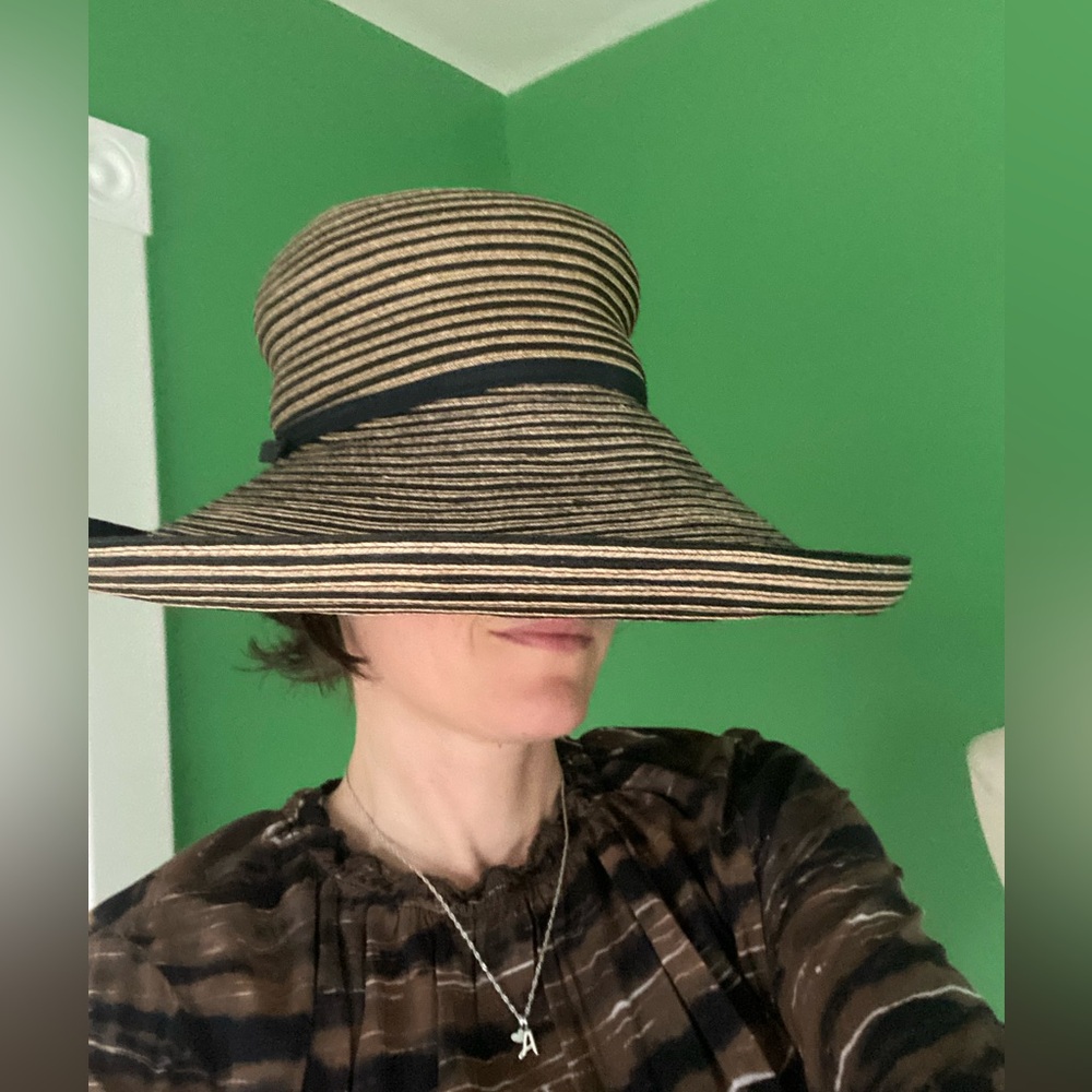 Eric Javits Wide Brim Straw Sun Hat with Black and beige stripes